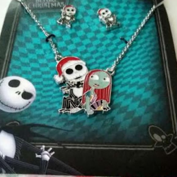 DISNEY 2pc THE NIGHTMARE BEFORE CHRISTMAS JACK + SALLY NECKLACE + EARRINGS SET - Picture 3 of 8